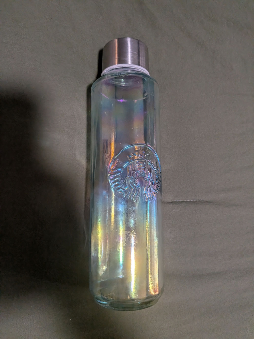 Starbucks Recycled Glass Luster Iridescent Rainbow Water Bottle SPAIN 22 oz